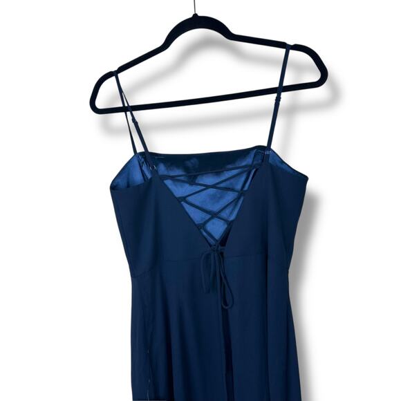 Lulus NWT Feeling Elegant Navy Blue Lace-Up Slit Chiffon Maxi Dress Medium - Picture 9 of 11